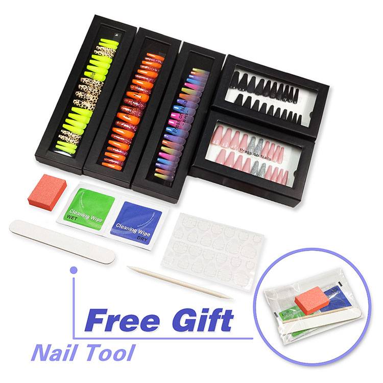 Free Gift Nail Tool Wholesale Long Coffin Nail Tips Designed Luxury Custom Private Label Press On Nails With Packaging Box